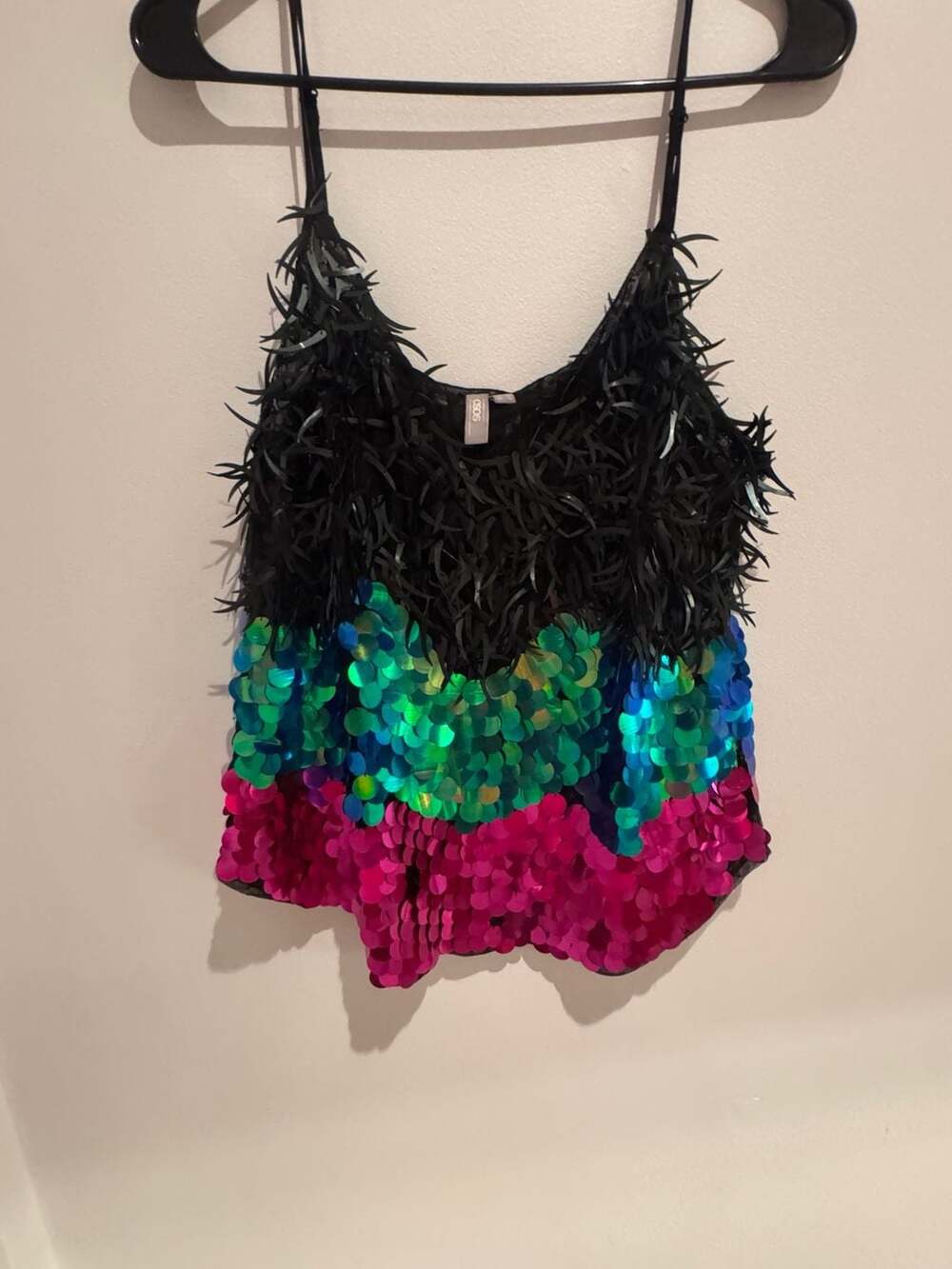 Feathered Camisole Top with Spaghetti Straps - Multi-Color Sequins, Black Feathe